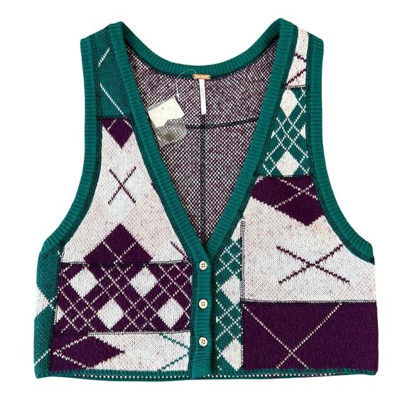 Free People Camilla Button Down Vest Plum Pine Combo Argyle Plaid Print (Sz S) - Picture 2 of 10